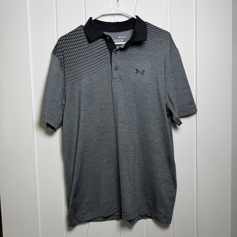 Under Armour Men's Playoff Polo Size Medium Gray Black Athletic Sporty Casual